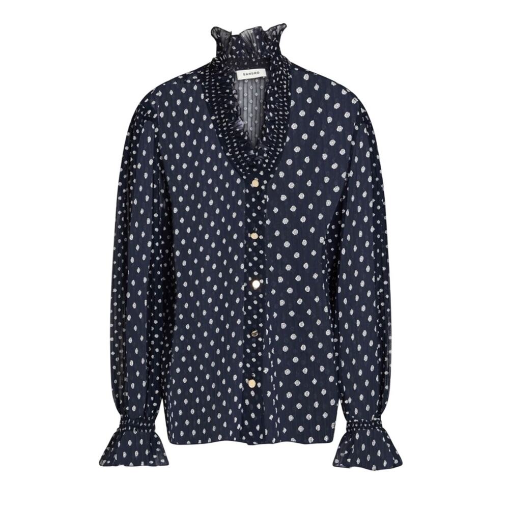 SANDRO Paris Ruffle Polka Dot Blouse Womens Size 1 / US 4 Blue Sheer Pleated Top
